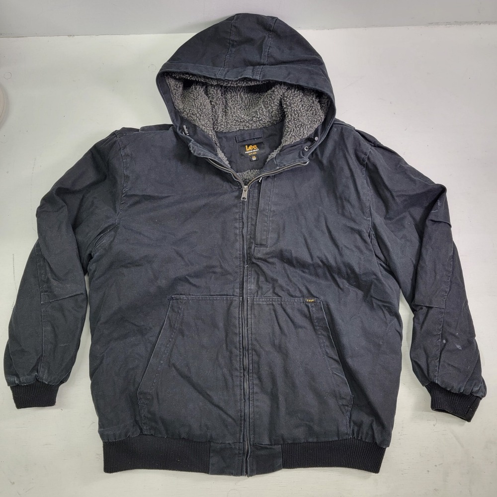 Lee‎ Canvas Sherpa Lined Chore Heavy Work Jacket Black Fade Hooded Men's Sz 2XL